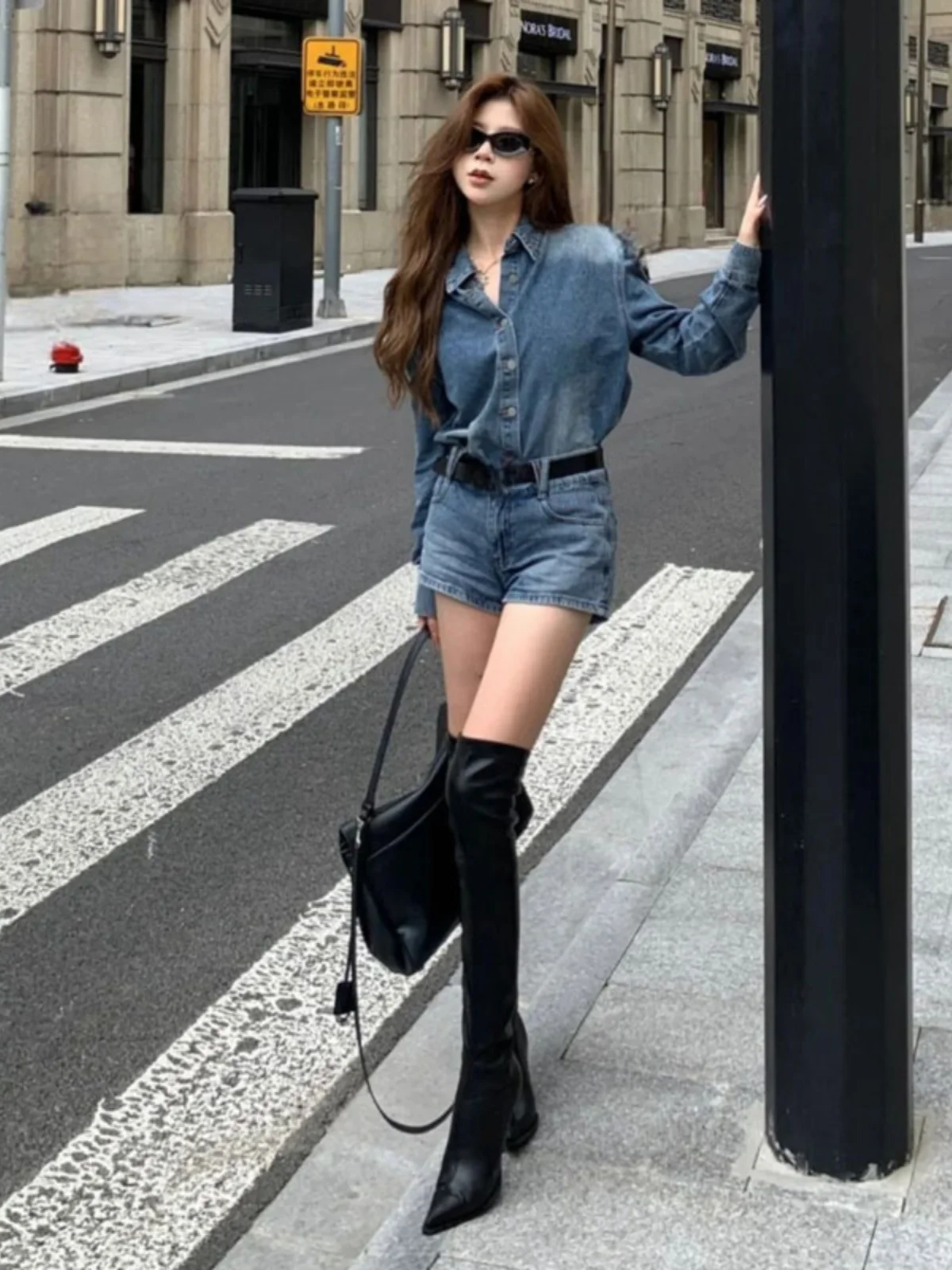 

Retro High-End Denim Shirt And Short Set A-Line Street Style Two-Piece Spring Collection Comfortable Cotton Blend Button...