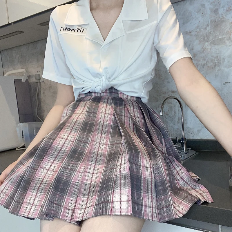 New Japanese Jk Uniform Casual Style Summer A-Line Pink Color Matching Plaid Waist Slim and Thin Fashion Pleated Skirt For Girls