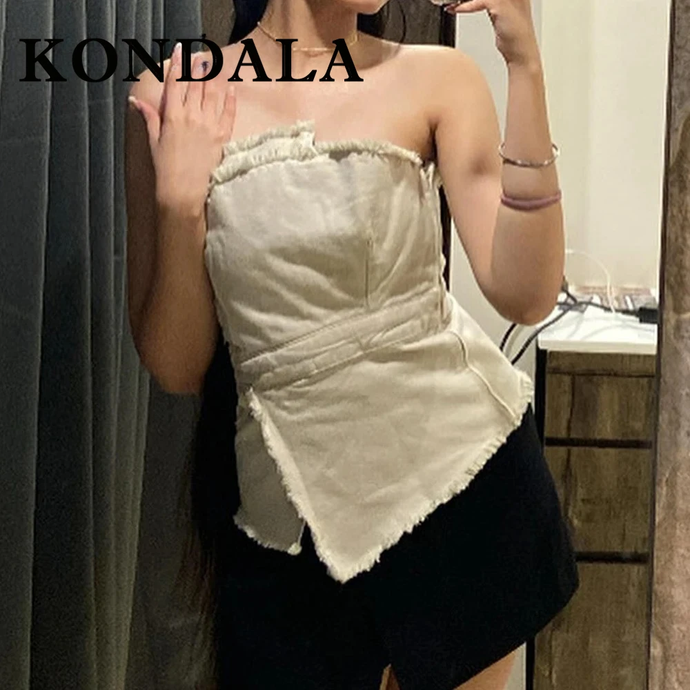 KONDALA 2025 Tassel Vintage White Woman Suit Asymmetric Strapless Slim Vest+Chic Split Long Dress Women Casual Elegant Sets