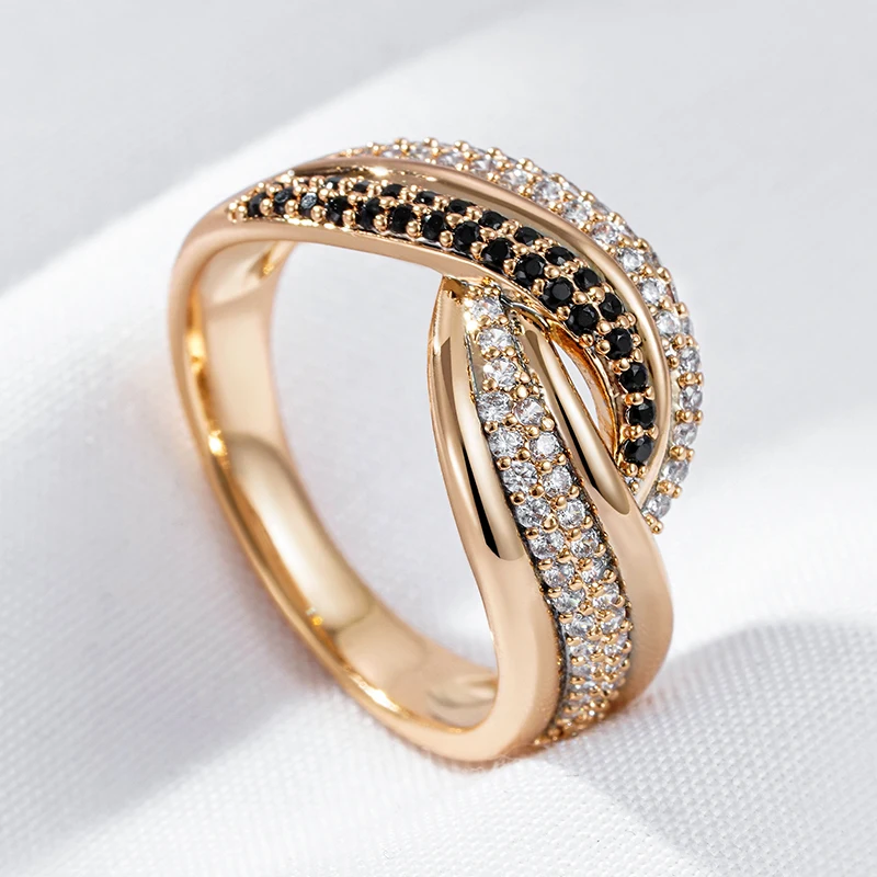 Wbmqda Luxury 585 Rose Gold Color Genuine Jewelry Ring For Women With Black White Natural Zircon Ethnic Wedding Fine Accessorie