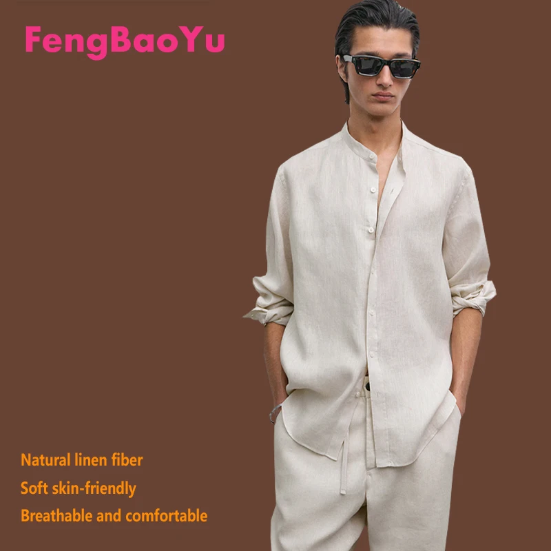 

100% Natural Linen Men's Long-sleeved Button-down Collar Simple and Elegant Top for Urban Casual High-quality Men's Clothing