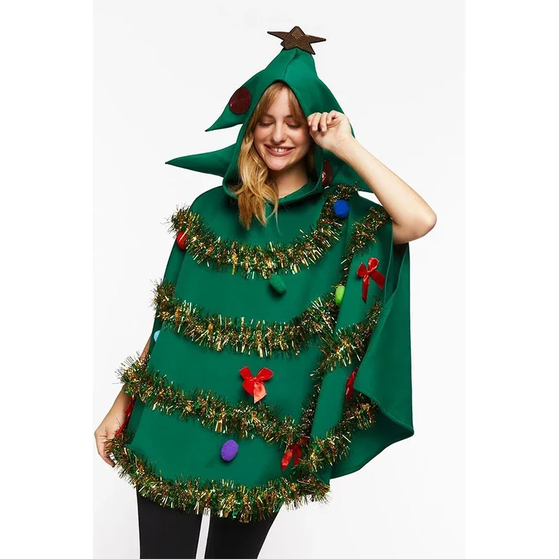 2024 Female New Year Xmas Tree Costume Holiday Cape Hooded Women Christmas Tree Poncho