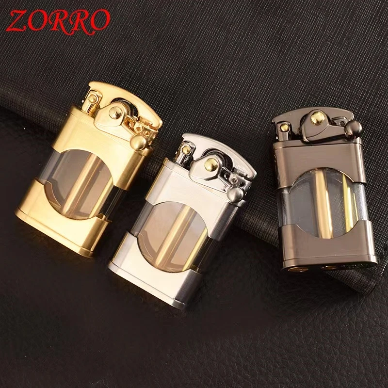 ZORRO Creative Rocker Kerosene Lighter Metal Visible Transparent Oil Bin Old Style Grinding Wheel Smoking Accessories Gadgets