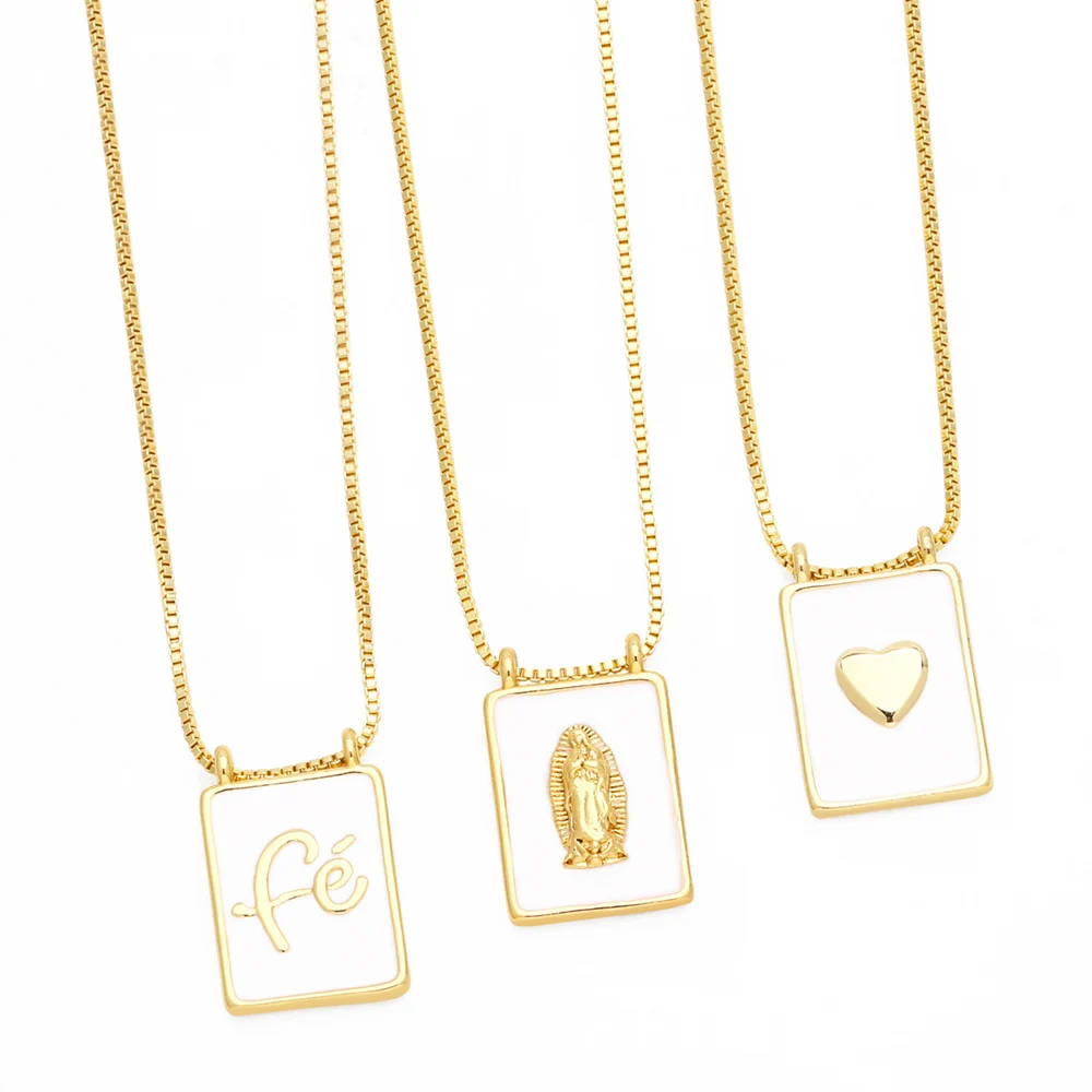 FLOLA Enamel White Geometric Tag Heart Necklaces for Women Copper Gold Plated Virgin Mary Necklaces Simple Jewelry nkew56