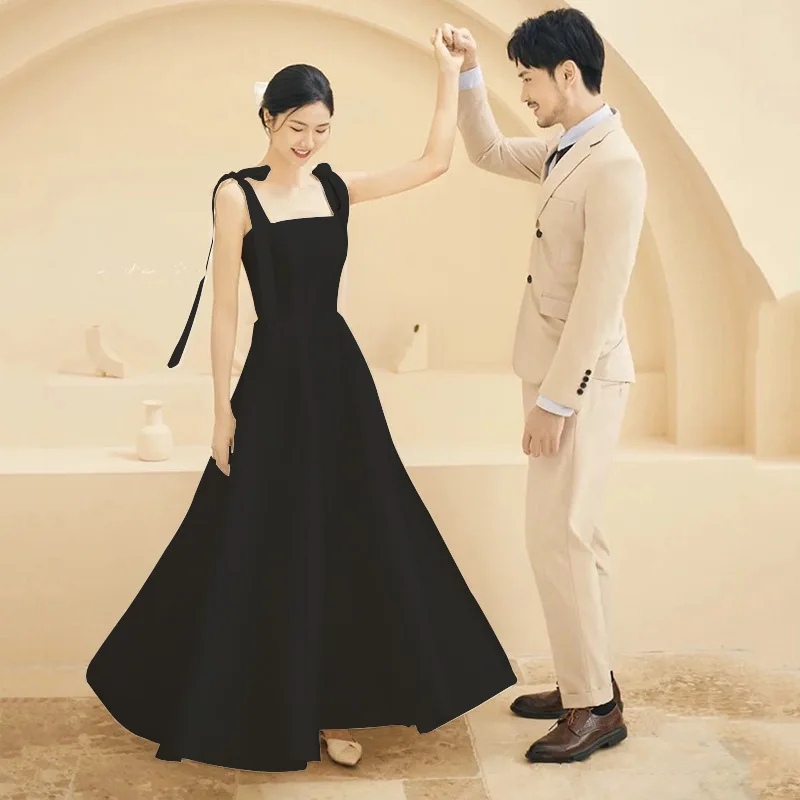 Kleid mit quadratischem Ausschnitt, elegantes Satin-Brautkleid mit Schnürung und Schleifendetail, quadratischer Ausschnitt, A-Linien-Silhouette zum Filmen für Frauen