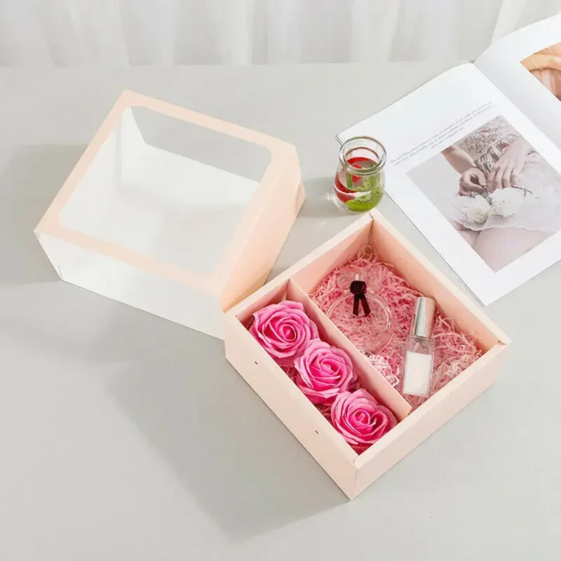 Square Gift Box with Handle Transparent PVC Window Rose Candy Dessert Valentine\'s Day Memorial Day Gift Packaging Box Pink/Black
