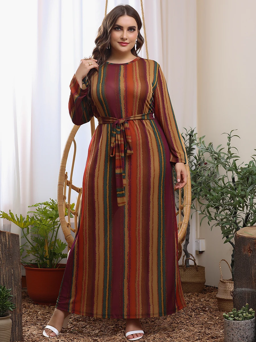 2024 Autumn Winter Long Sleeve Dress Woman Striped Print Loose Oversized Maxi Long Dress Plus Size Women Clothing