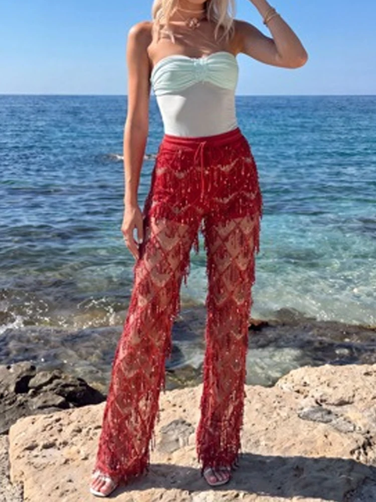 Drawstring Waist Sheer Diamond Crochet Tassel Wide Leg Trousers Women Mesh Fringe Flare Pants Beach Cover Up Party Bottoms Mujer