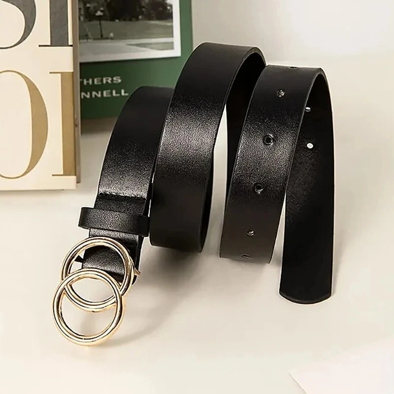 Women's Belt Trend Double Round Buckle Belt Simple And Versatile Youth Belt Pu Leather Belt Paired With Jeans Skirt Women Belts image 2