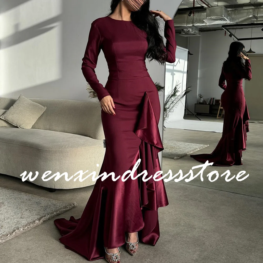 Long Sleeves Satin Straight O-neck Burgundy Floor Length Evening Dress Elegant Pleats Court Train Bespoke Occasion Gowns Formal