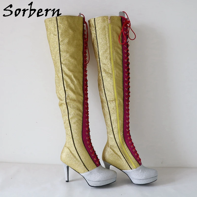 Sorbern Colorful Glitter Thigh High Boots Women High Heel Stilettos Custom Wide Calf Fit Shaft Length Over The Knee Ladies Boot