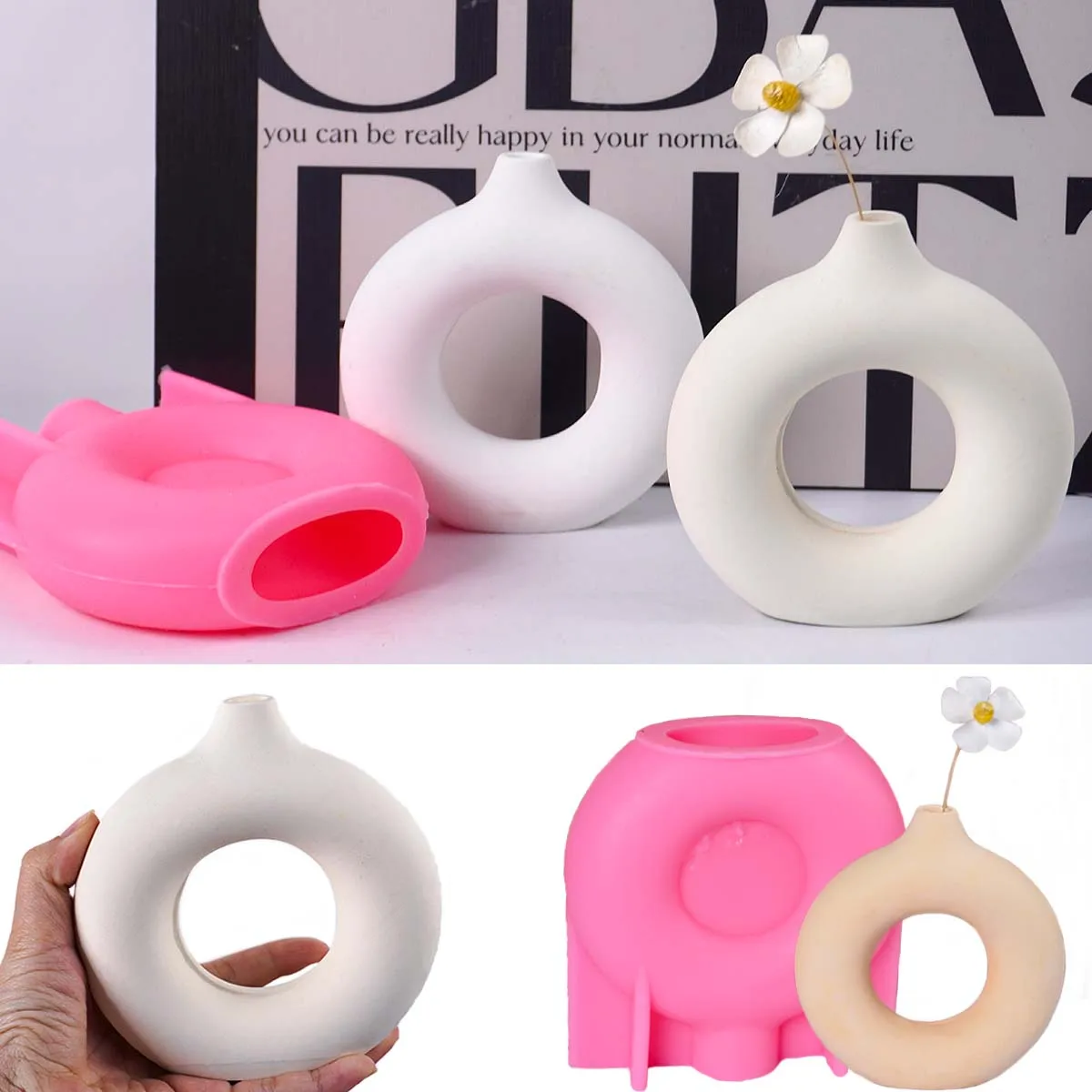 

Nordic Style Donut Shape Vase Silicone Mold DIY Small Diameter Hollow Flowerpot Molds Plaster Concrete Resin Crafts Making Tools