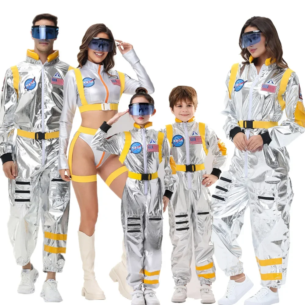 

Halloween Carnival Party European and American Silver Astronaut Cosplay Costume Zipper Spaceman Family Parent-Child Jumpsuit