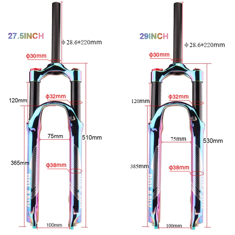 BOLANY Mountain Bike Suspension Fork 27.5/29 Inch ​Trav120mm 9*100 Rainbow Straight MTB Bike Disc Brake Fork Bicycle Accessories