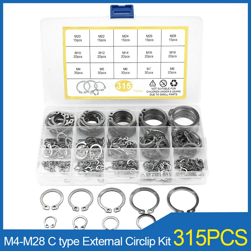 

315PCS GB894 M4-M28 304 Stainless Steel Shaft C Type External Retaining Ring Snap Ring Gasket Shaft Clip Assortment Kit