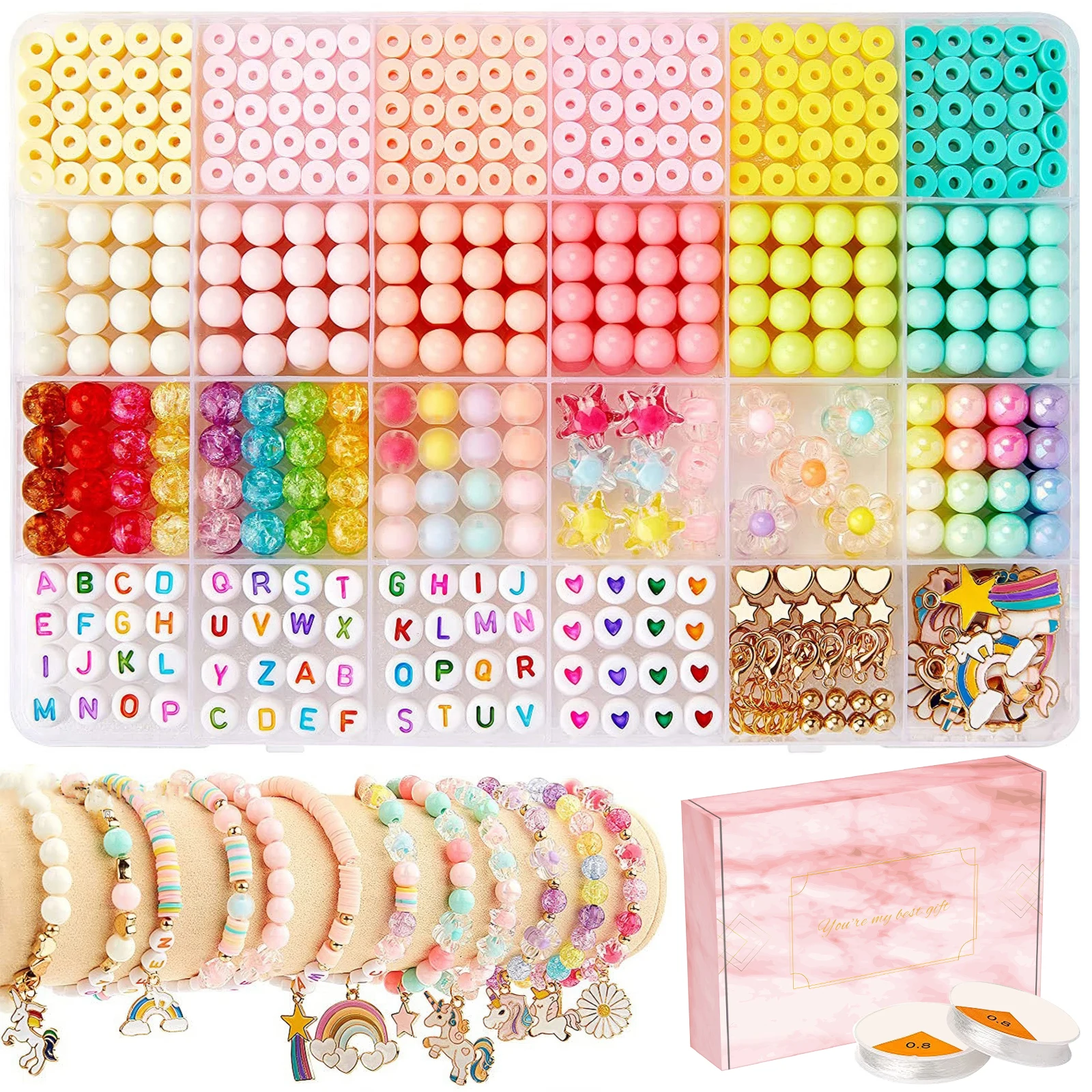 DIY Jewelry Making Kit, 1300 pieces/set Colorful Unicorn and Mermaid Bead Charm Bracelet Set, Girls\' Letter Jewelry Set, Craft