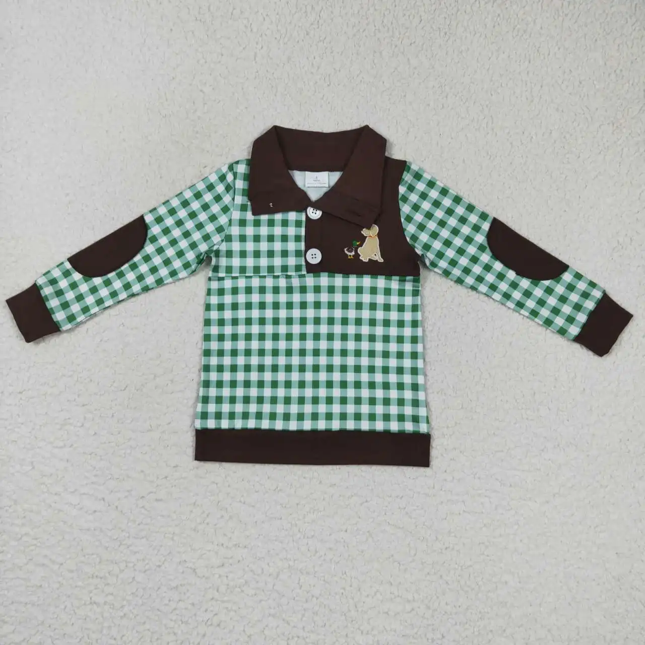 

Wholesale hot sale kids children's clothing for baby boys clothes Mallard puppy green white plaid brown zip-up long-sleeved top