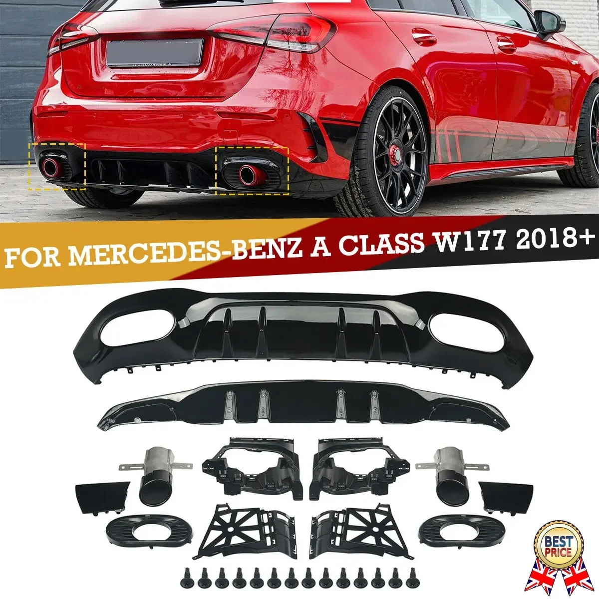 MagicKit For Mercedes A Class W177 AMG A35 Look 2018+ Rear Diffuser & Exhaust Pipe Black