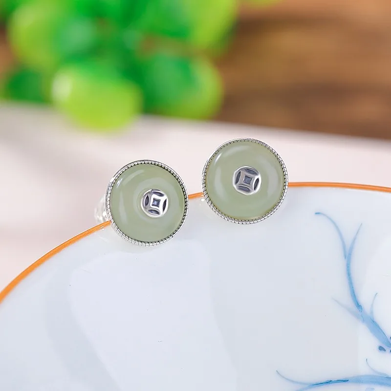 

TIMESWIND Natural Hetian Jade Light Green Coin Round Simple Women Earrings with Certificate