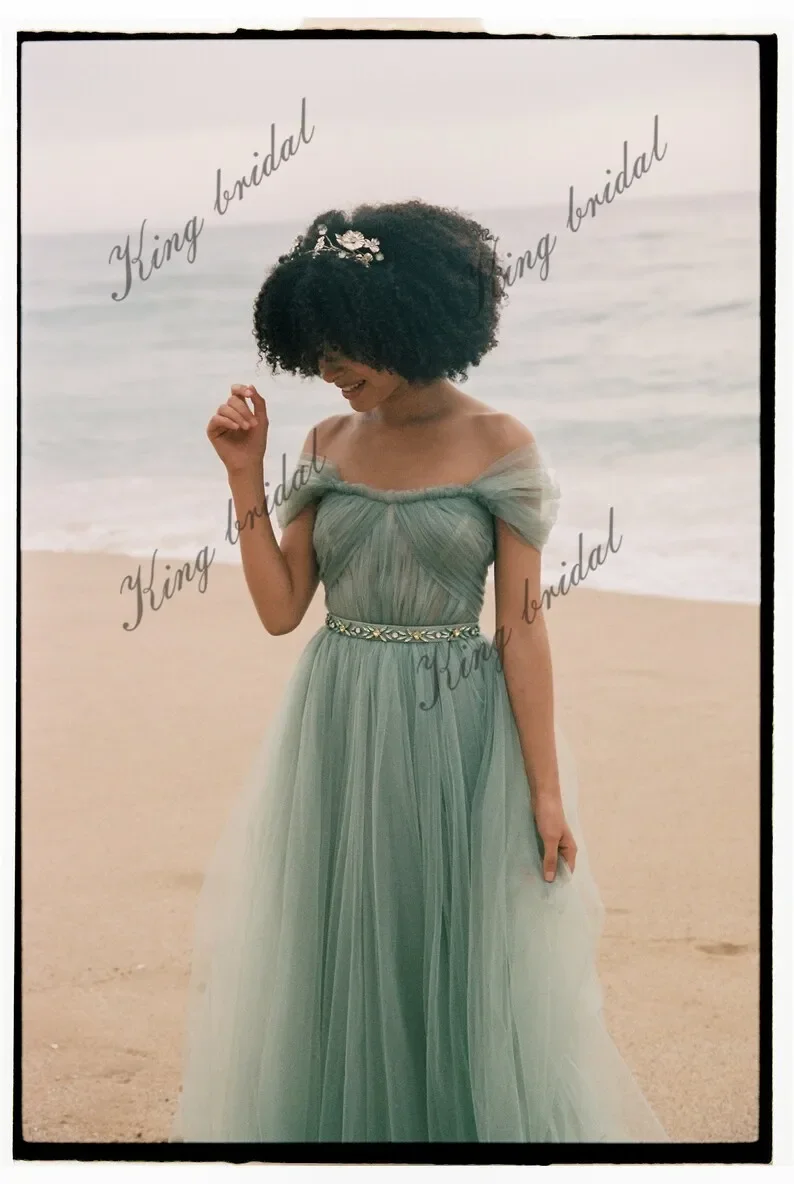 A Line Wedding Gown Elegant Dress Women for Wedding Party Evening Prom Dress Green Long Dress Tulle Off-shoulder Wedding