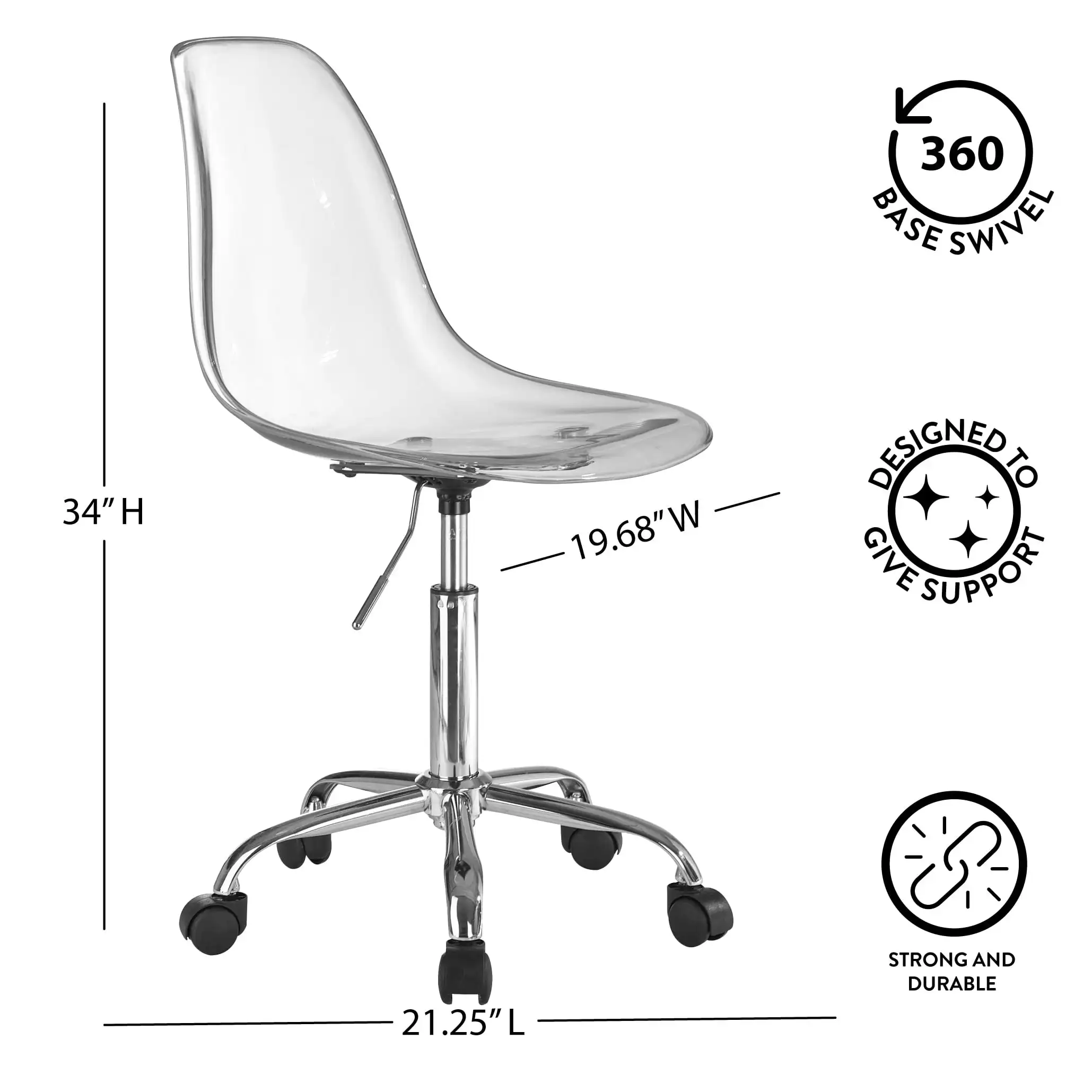 Acrílico e Metal Rolling Office Chair, cadeira clara