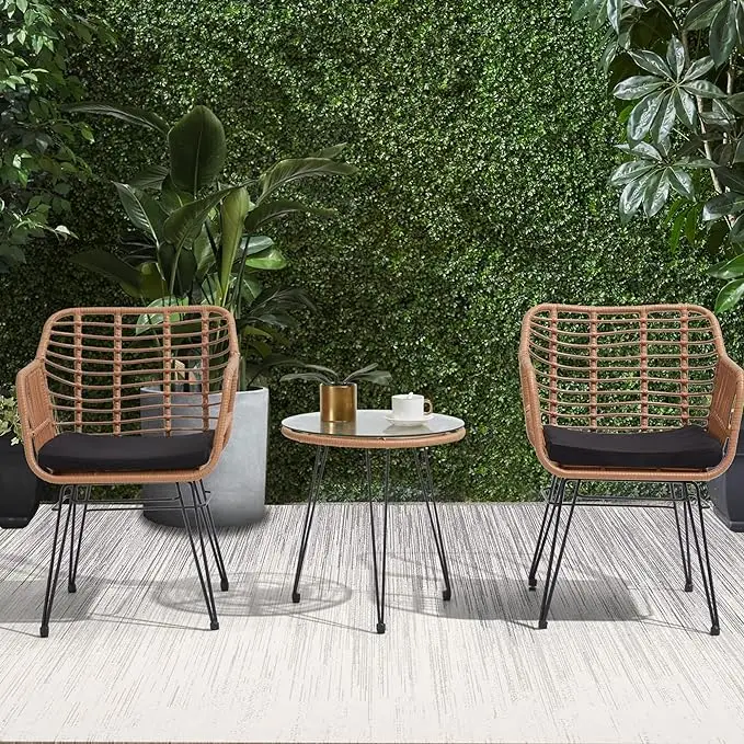 

3PCS Wicker Patio Bistro Furniture Set, includes 2 Chairs and Glass Top Table for Porch, Outdoor, Backyard, Apartment