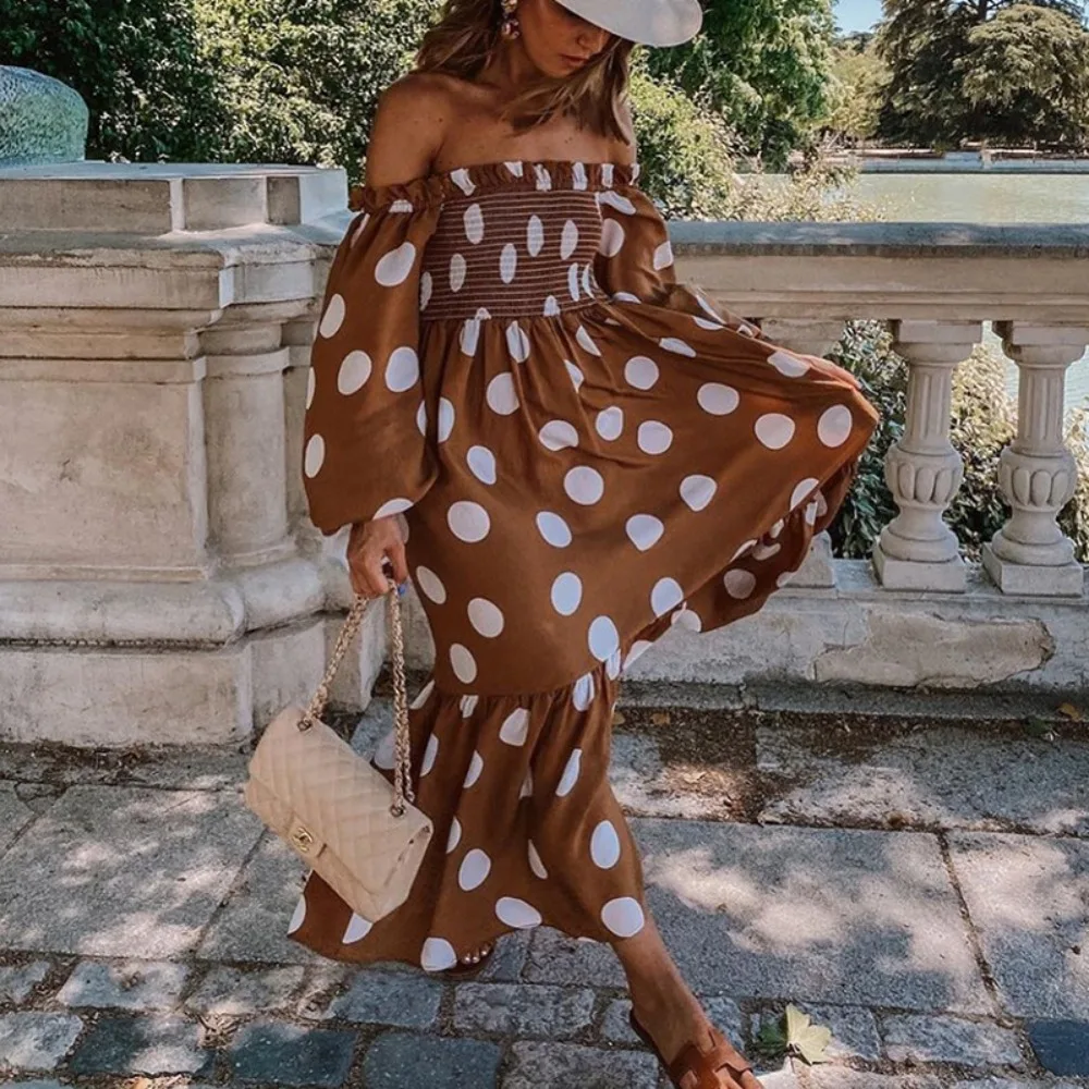 Women Loose Off Shoulder Long Sleeve Print Maxi Dress Tube Top Wrap Style Relaxed Fit Soft Breathable Flattering Comfy Daily