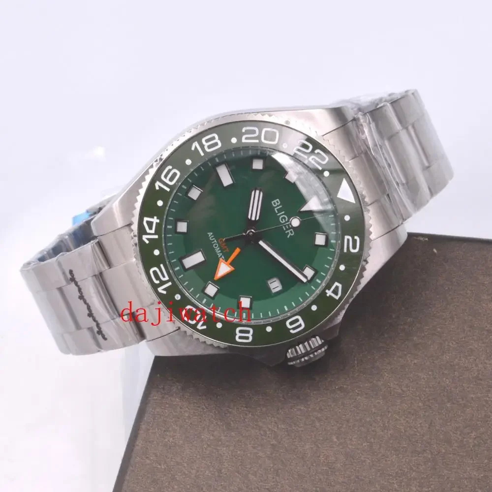 43mm BLIGER Sterile Green Dial Automatic Mechanical Watch GMT Date Display Sapphire Glass Ceramic Bezel Stainless Steel Watch