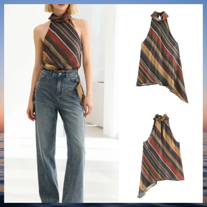 

triped Asymmetrical Top for Women Sexy Popular Casual Long Sleeve T-Shirt Fashionable Stripes Uneven Hem Top