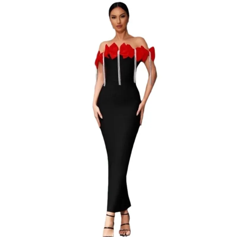 New European and American Style Off-Shoulder Bow Tassel Low-Cut Bodycon Dress Women's Fashion