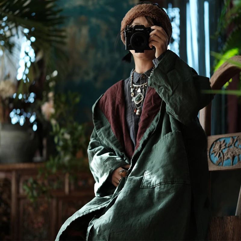 

Oversized Women Cotton Linen Trench Coats New Arrival 2025 Autumn Vintage Style Big Pockets Loose Female Long Jackets M2008