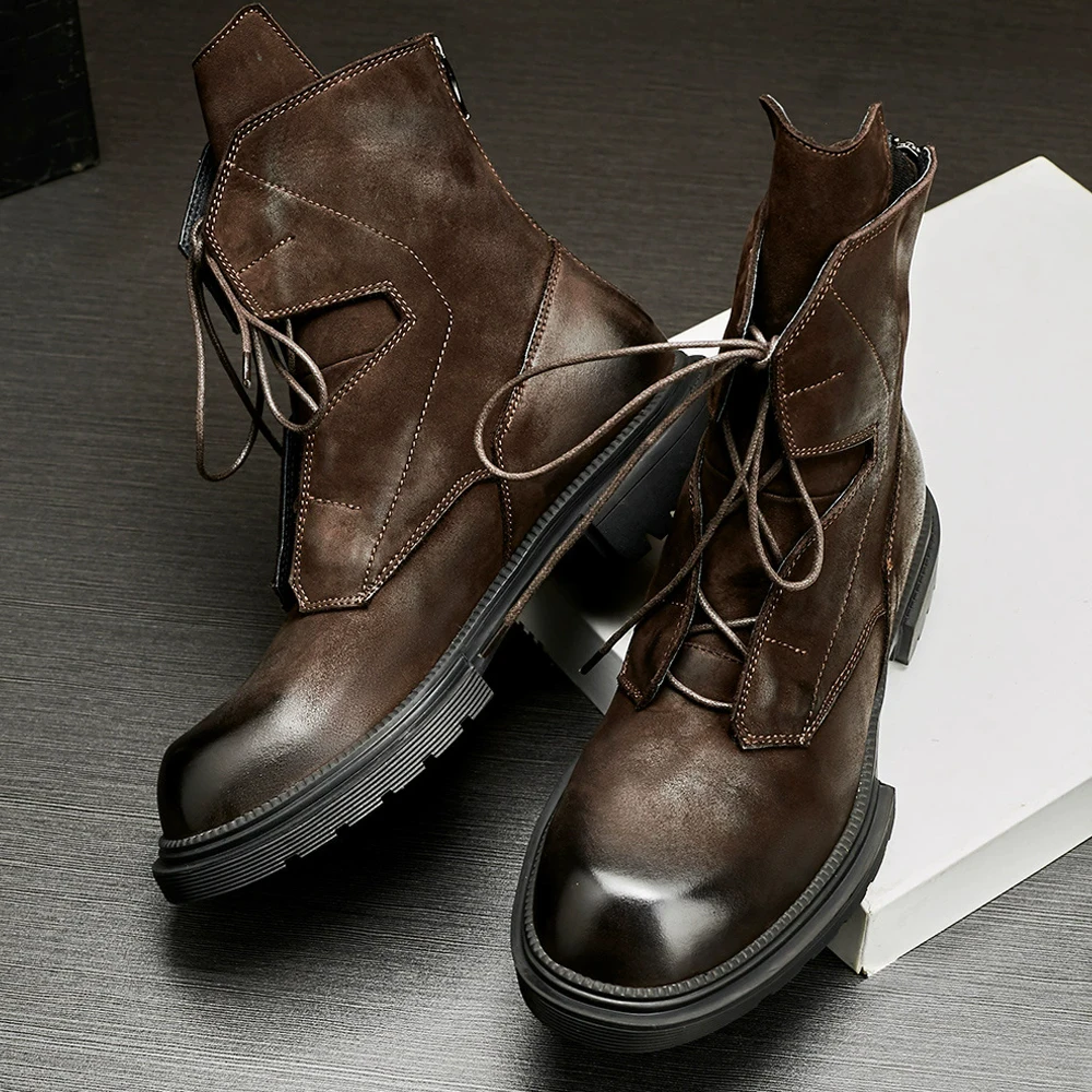 Genuine Leather Men's Boots Retro Motorcycle Boots Rear Zipper Leather Boots Keep Warm Plush Winter Boots Men High Quality