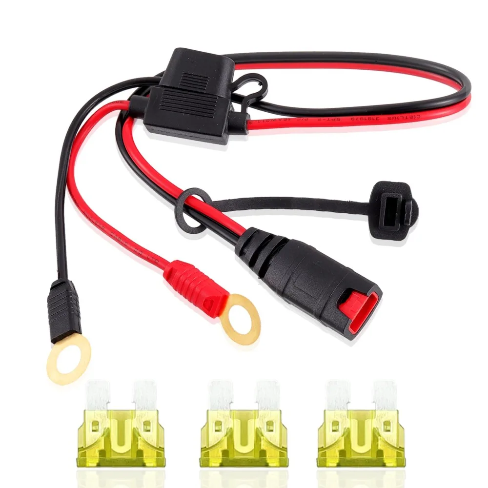 24 Inch 12V Battery Charger Extension Cable with 15A ATC Inline Fuse Heavy Duty Eyelet Terminal for Car Motorcycle Marine Boat