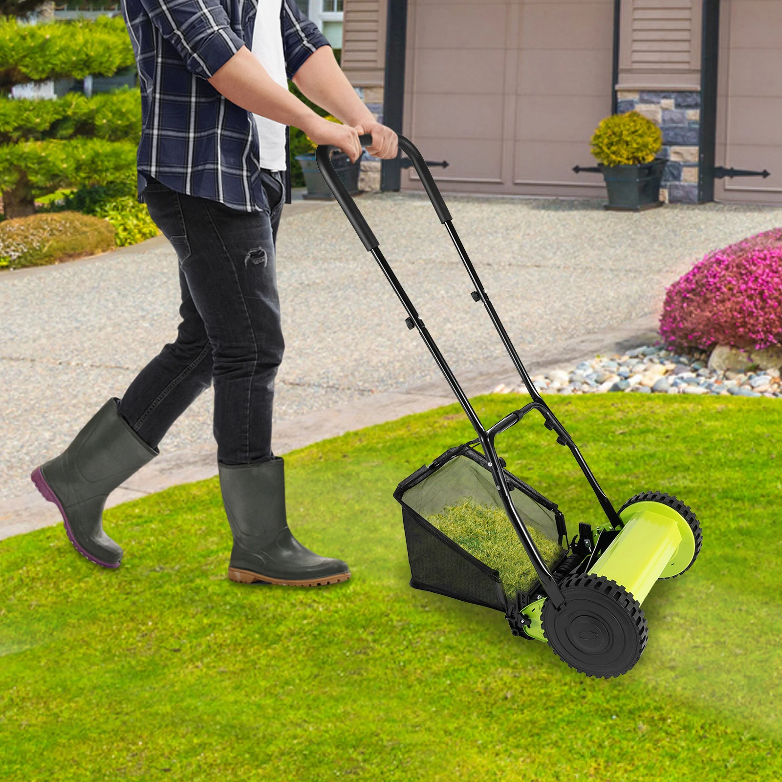 

2 Extension Pipes Manual Lawn Mower Grass Mower Detachable Design Lawn Cutting Tool for Gardens Driveways Sidewalks