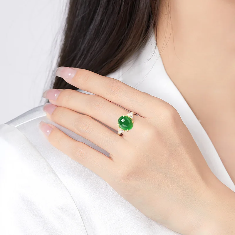 แหวนชุบทอง Cincin Batu akik สีเขียวธรรมชาติแท้ฝังทองด้วยพลอยคาลซิโดนีสำหรับผู้หญิงเครื่องประดับแฟชั่น