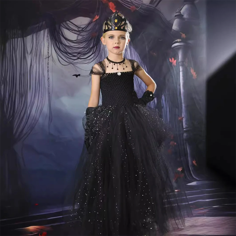 Girl Evil Witch Role Play Black Sequin Mesh Princess Dress Kids Maleficent Cosplay Vestidos Child Tutu Shiny Fluffy Tulle Frocks