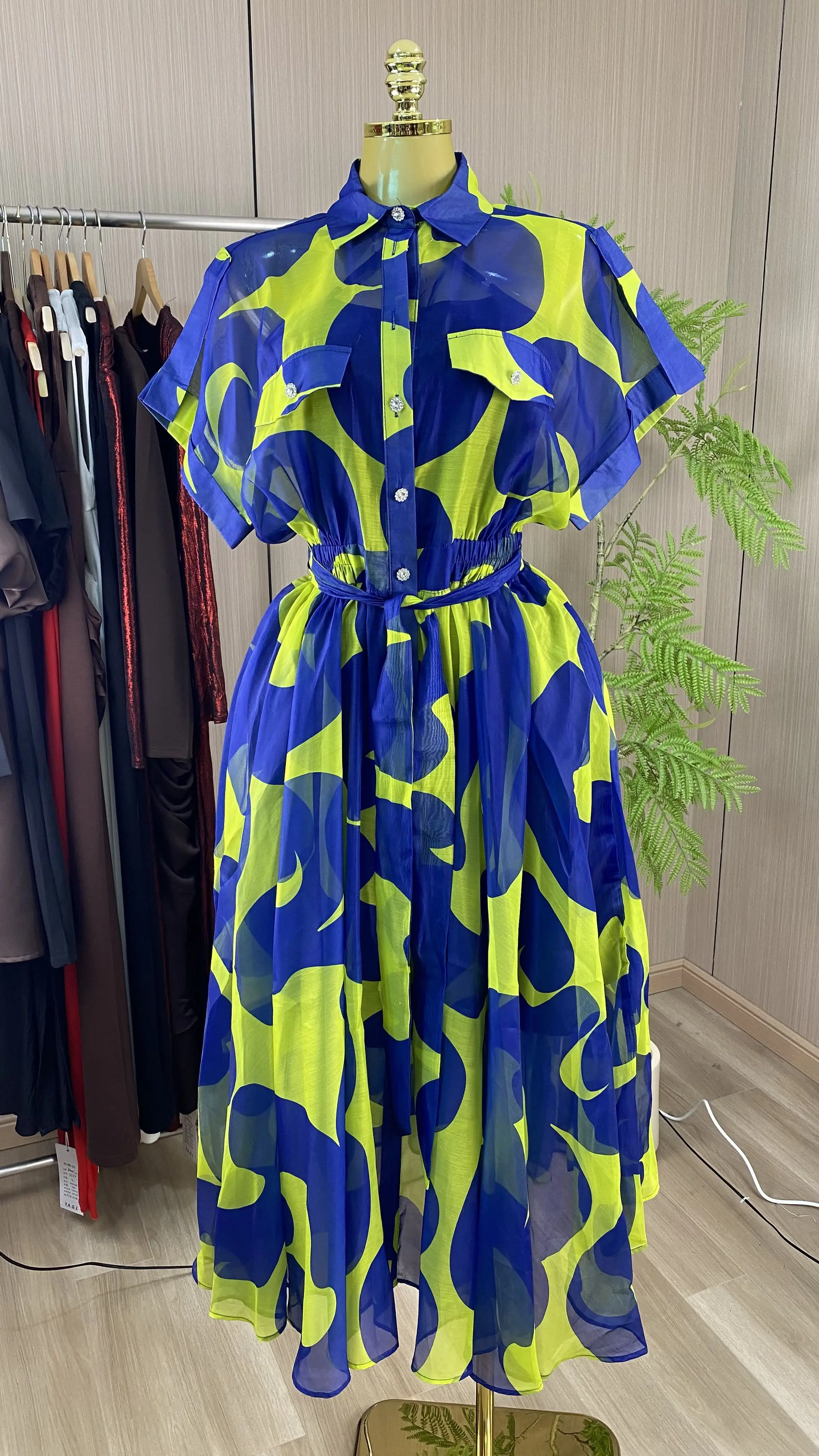 2026 New Women's Stand Collar Short Sleeve Tie Waist Slim Fit Mid-Length Printed Dress-GZXX860