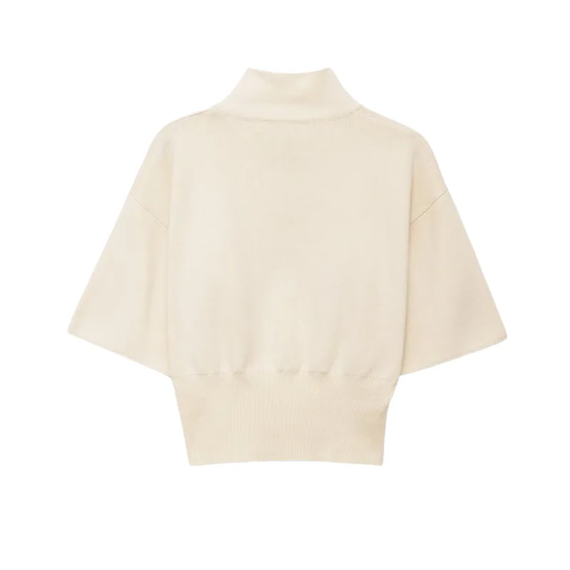 Withered Casual Versatile Stand Up Collar Short Sleeved Waist Cinched Knit Sweater For Women T-shirt Woman Clothes Female Clothi