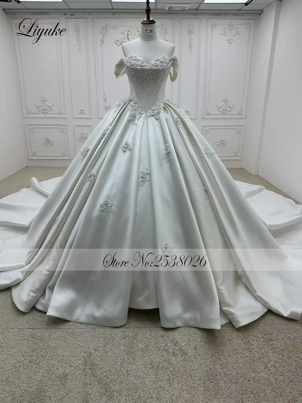 리유케 맞춤 제작 럭셔리 새틴 스위트하트 볼 가운 웨딩 드레스 오프 숄더 비딩 진주와 꽃 레이스 신부 드레스