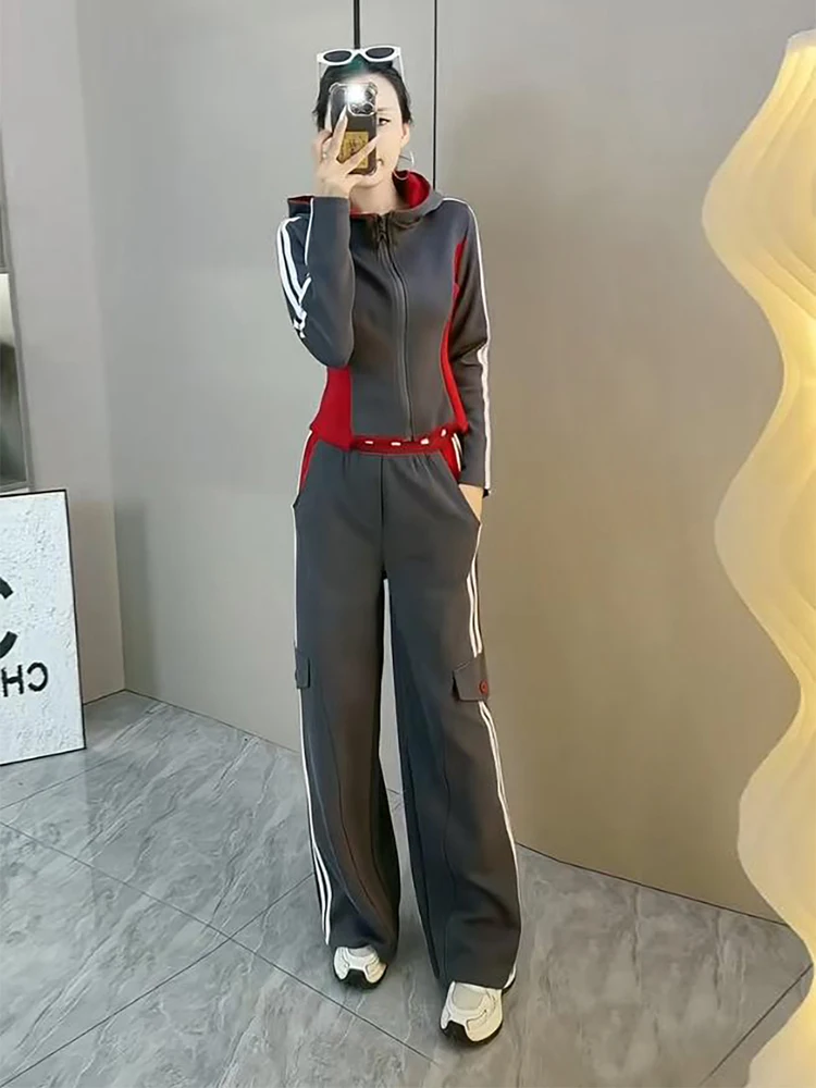 

Slimming Splice Women's Sportswear Set Hoodie And Wide Leg Pants Two Piece Set Casual Sle Long Sve Zipper Closure Polyester