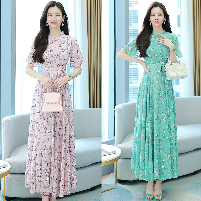 New 2024 Summer New Korean Large Dress Elegant Women\'s Color Printed Short Sleeve Large Skirt Holiday Banquet Chiffon Robe