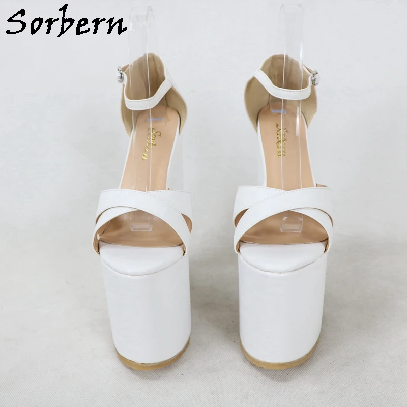 Sorbern White Matt Slingback Women Sandals Block High Heel Summer Shoes Ankle Strap Wide Cross Strap Female Shoes Custom