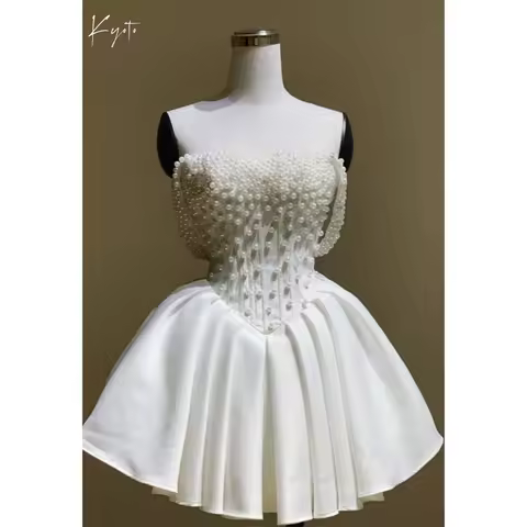 Kyoto Customized White Strapless Wedding Dress Sleeveless Beaded Mini vestidos de noiva Elegant Satin A-Line Evening Dress 2026