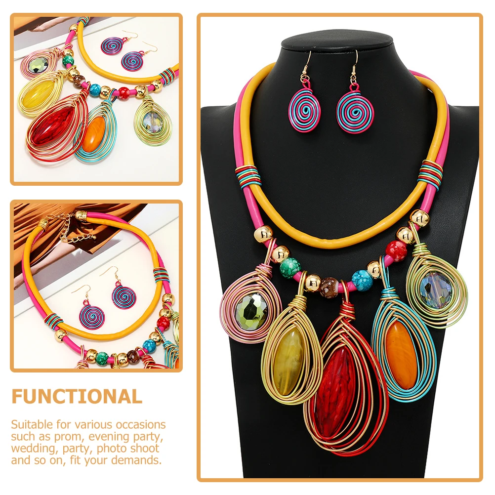 

African Necklace Set Women Dangle Earrings Aluminum Wire PU Resin Glass Unique Design Safe Reliable Prom Evening Party Wedding