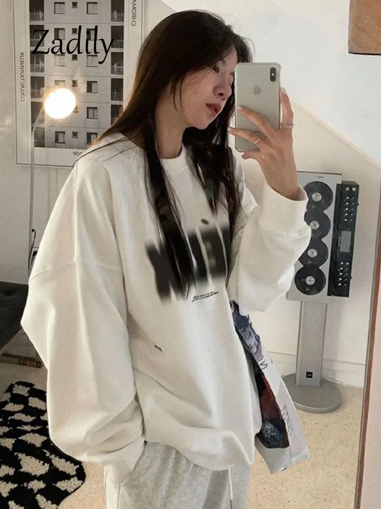 

Осень 2024, минималистичные женские толстовки с длинными рукавами, корейский стиль, пуловеры большого размера с круглым вырезом и буквенным принтом, повседневная женская толстовка