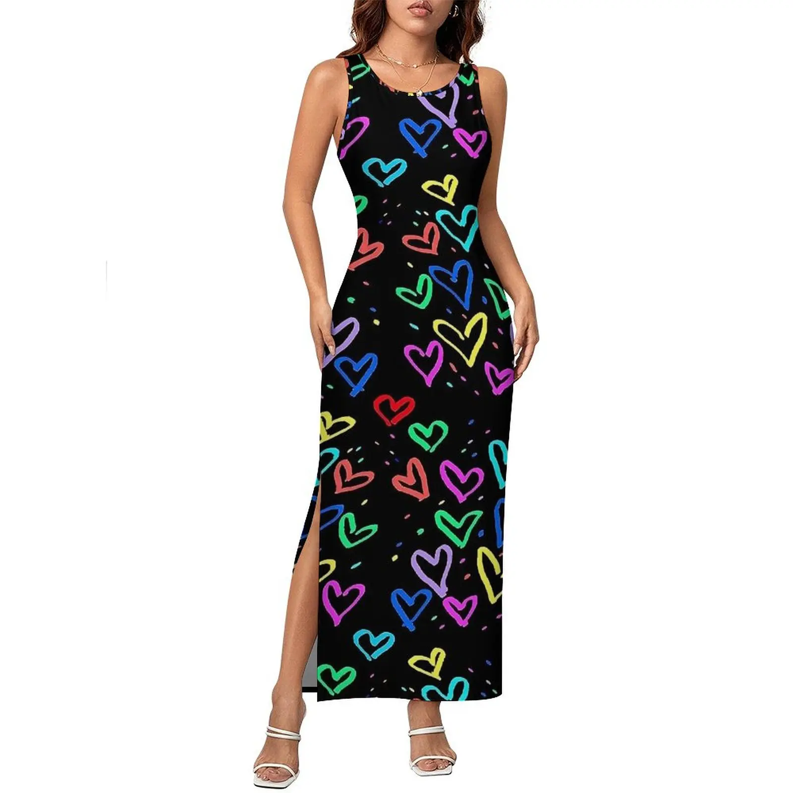 أنثى Bodycon فستان نادي مثير الحب قلوب ملونة طباعة ماكسي فساتين الصيف بلا أكمام فساتين راقية الكورية حجم كبير 4XL