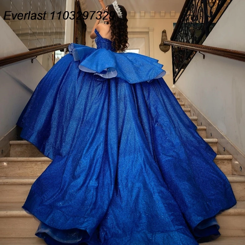 EVLAST Customized Navy Blue Quinceanera Dress Ball Gown Applique Beadded Crystal Tiered Sweet 16 Vestidos De 15 Anos TQD889