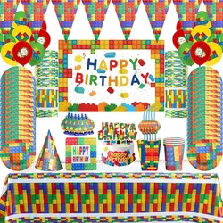 Colorful Building Block Party Supplies Disposable Tableware Cup Cake Topper Balloon Backdrop For Kids Birthday Party Decorations