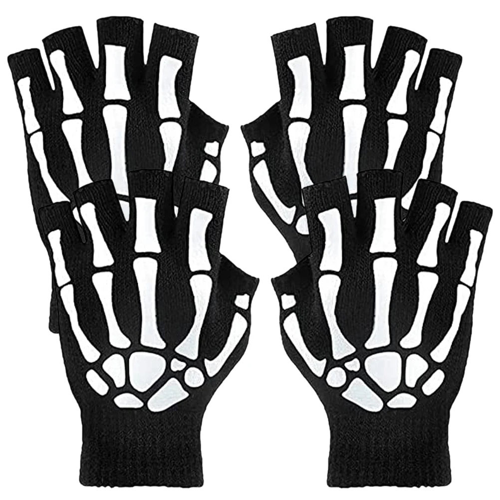 2 Pairs Halloween Gloves Skull Hand Gloves Costume Fancy Dress Party Gloves Luminous Gloves Winter Warm Accessories