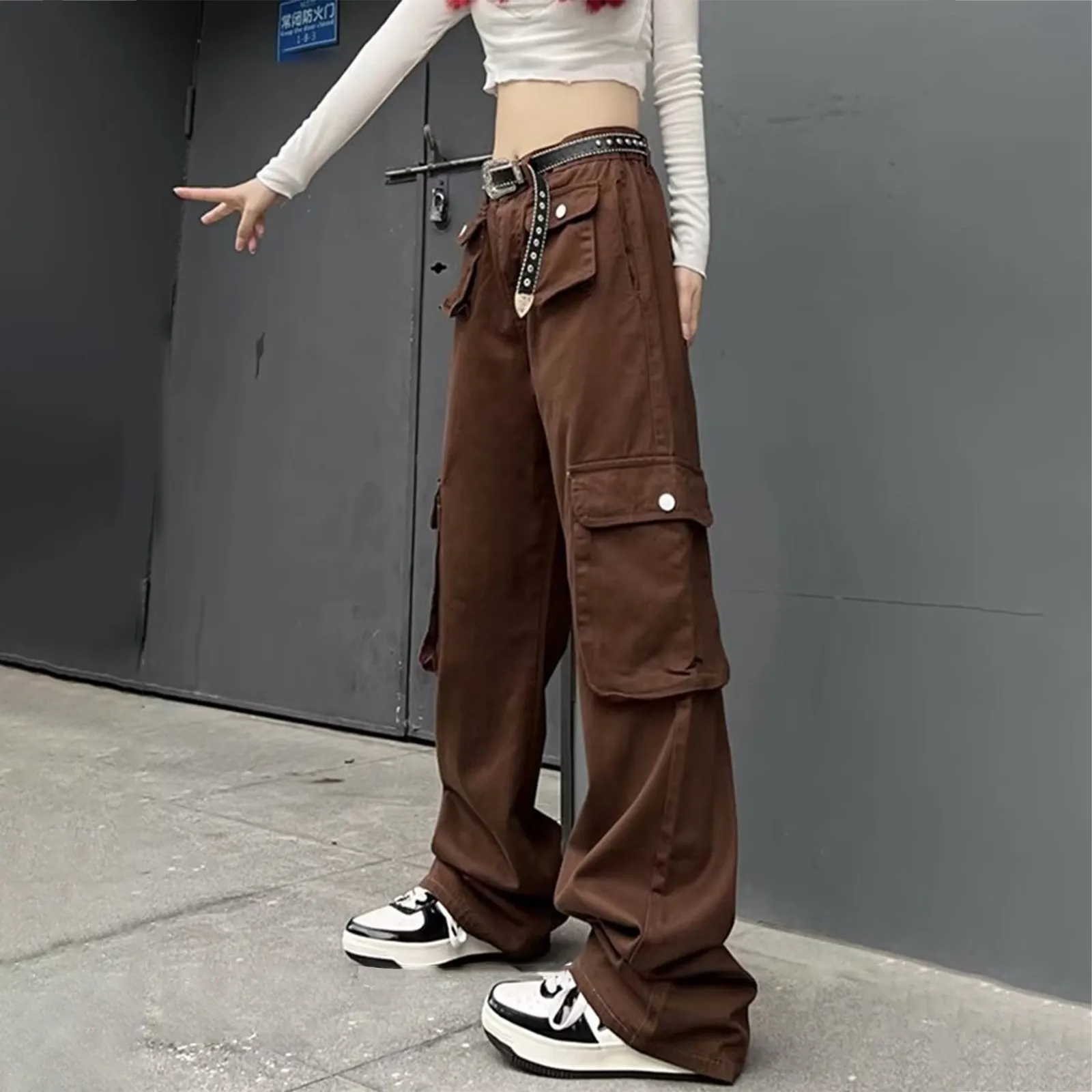 

Women Y2K Cargo Pants Fashion Casual High Waist Big Pockets Hip Hop Trousers Female Streetwear Drawstring Baggy Sweatpants